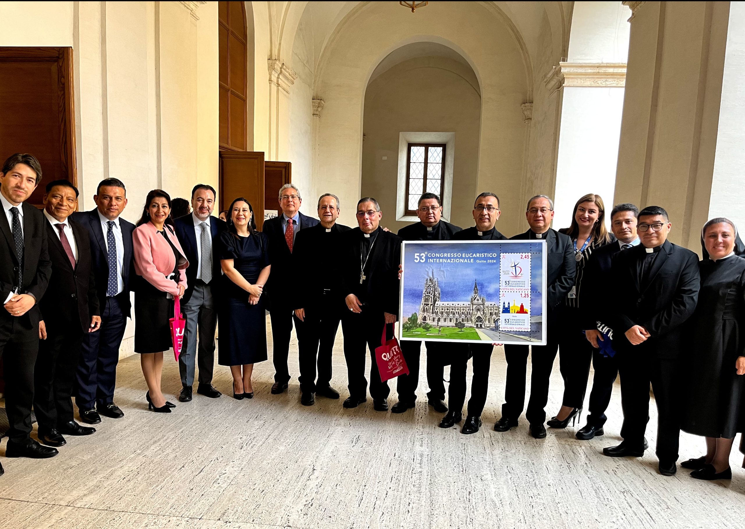 Postage stamps from the 53rd International Eucharistic Congress are presented at the Holy See